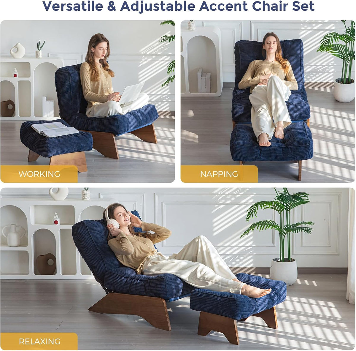 MAXYOYO Accent Chair with Ottoman Adjustable Backrest, Tufted Living Room Chair Upholstered Lounge Chair with Footrest Set, Modern Chair Cozy Reclining Chair for Reading Room, Navy