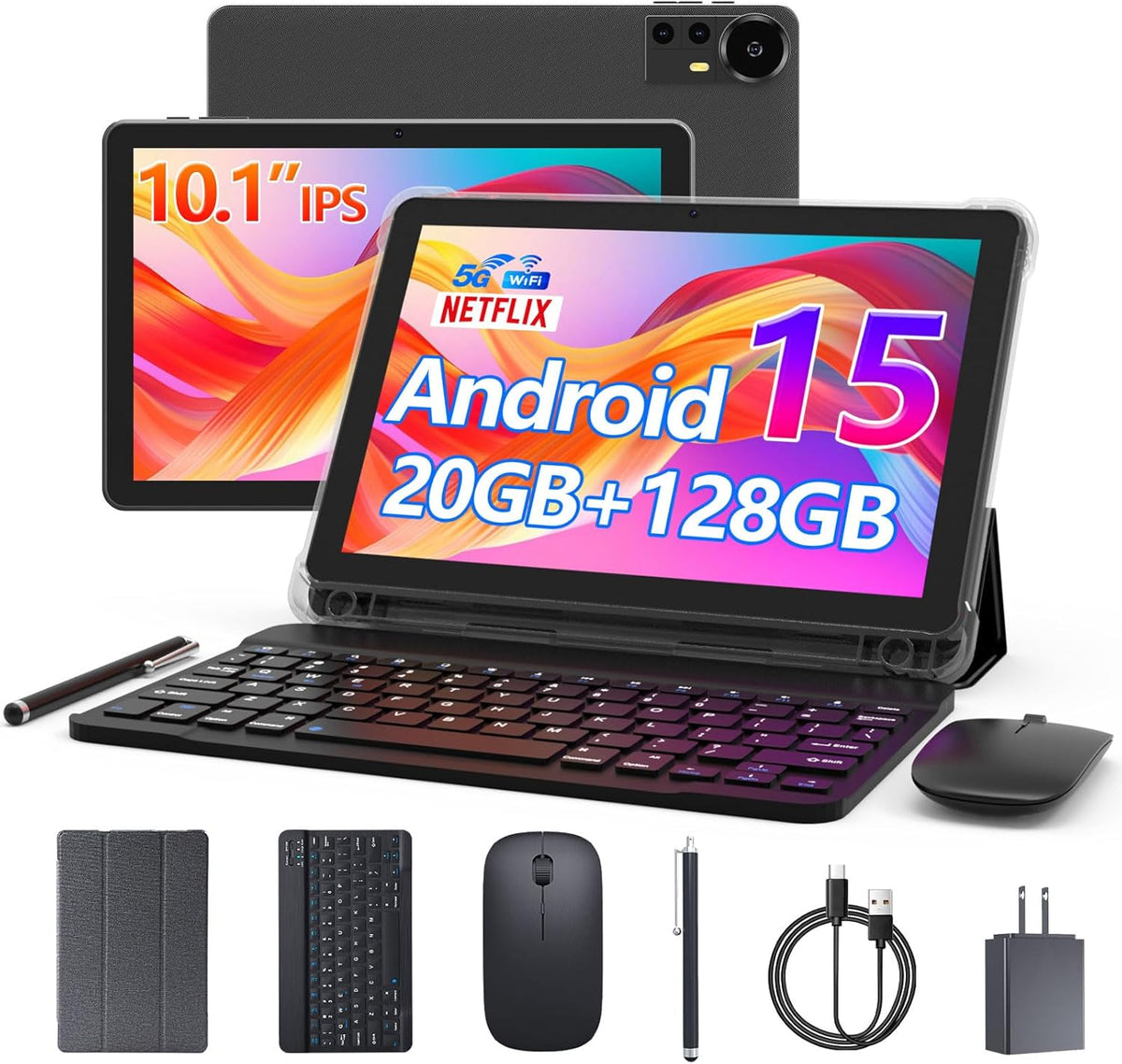 CUPEISI Android 15 Tablet 10 Inch, 20GB RAM+128GB ROM/2TB Expandable, 2.0GHz Quad-core Processor, 1280*800 HD Screen, 5G WiFi6 BT 5.0, 2 in 1 Tablets with Keyboard Case Mouse Stylus, Widevine L1 Black