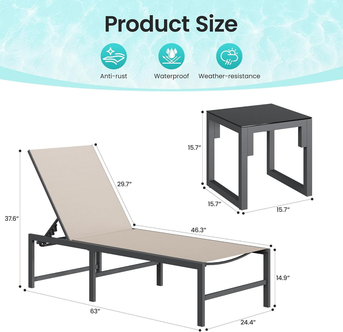 Amopatio 3 Piece Patio Lounge Chair Set Adjustable Lounge Chairs Set of 2 with Side Table for Poolside Weather Resistant Outdoor Chaise Lounge for Backyard Beach, 400 LBS Capacity(Khaki)