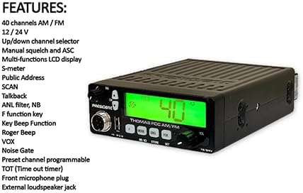President Thomas FCC AM/FM CB Radio – 40 Channel, VOX Hands-Free, USB Port, ASC, Multi-Color LCD Display – 12/24V Compact Mobile Transceiver for Truckers & Off-Road Communication