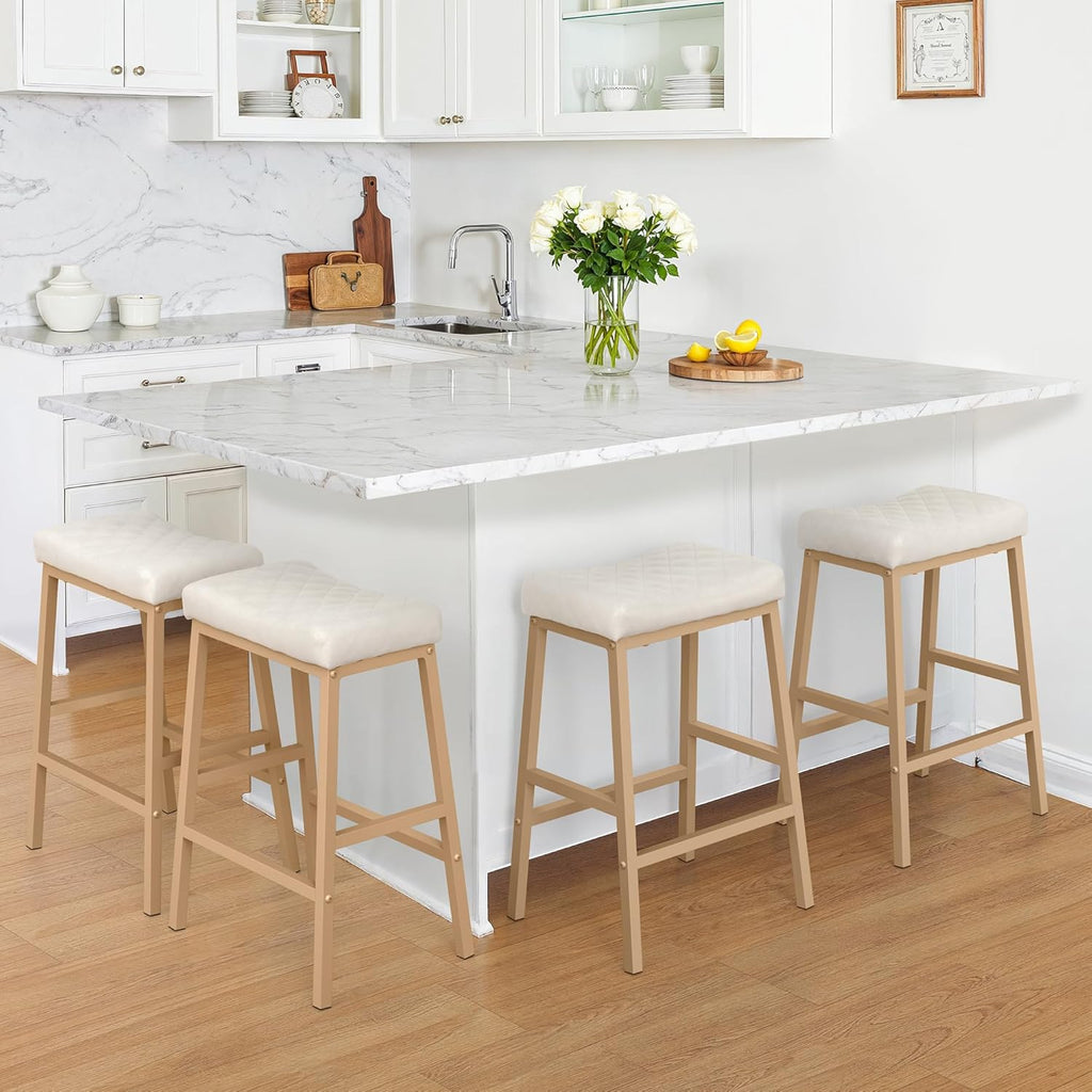 Counter Height Bar Stools Set of 3, Barstools with Thick PU Leather Saddle Seat & Black Metal Legs, 24 Inches Kitchen Counter Stools, Lvory White
