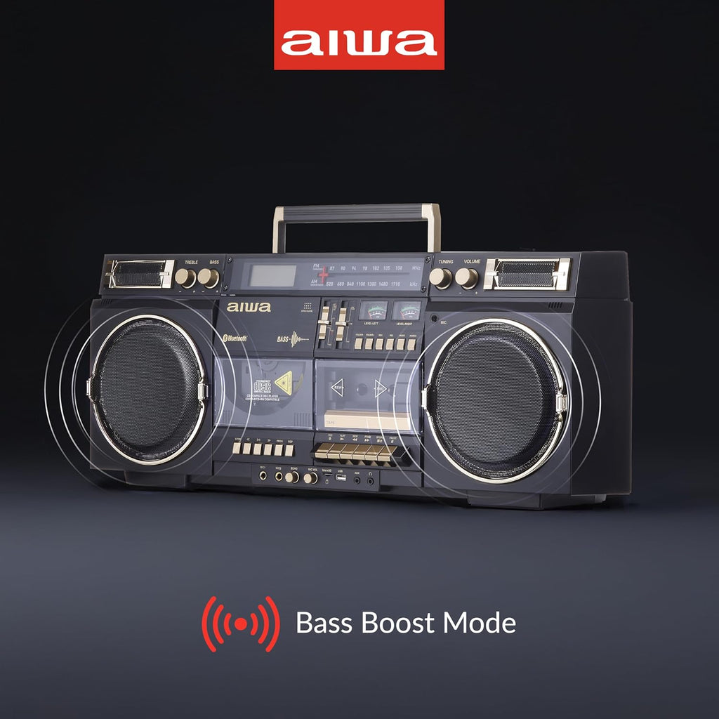 aiwa Retro Boombox BackTrack CD Player with Cassette Recording, Bluetooth 5.0, FM/AM Radio, USB/SD/AUX Inputs, VU Meters, LCD Display, Dual 40W Speakers (Black and Gold)