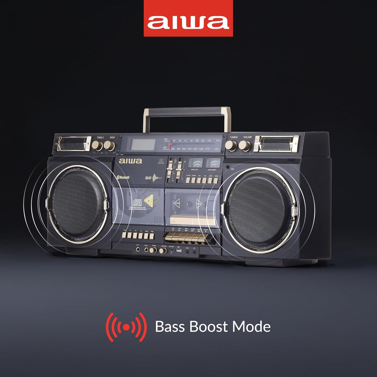 aiwa Retro Boombox BackTrack CD Player with Cassette Recording, Bluetooth 5.0, FM/AM Radio, USB/SD/AUX Inputs, VU Meters, LCD Display, Dual 40W Speakers (Black and Gold)