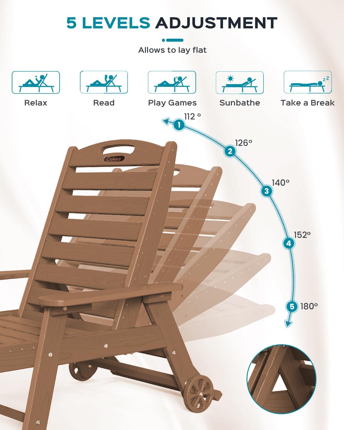 Ciokea Lounge Chair Outdoor, Oversized Chaise Lounge Chair with 5 Positions, HDPE, Patio Lounge Chair with Wheels & Cup Holder for Pool, Deck, Poolside, Teak