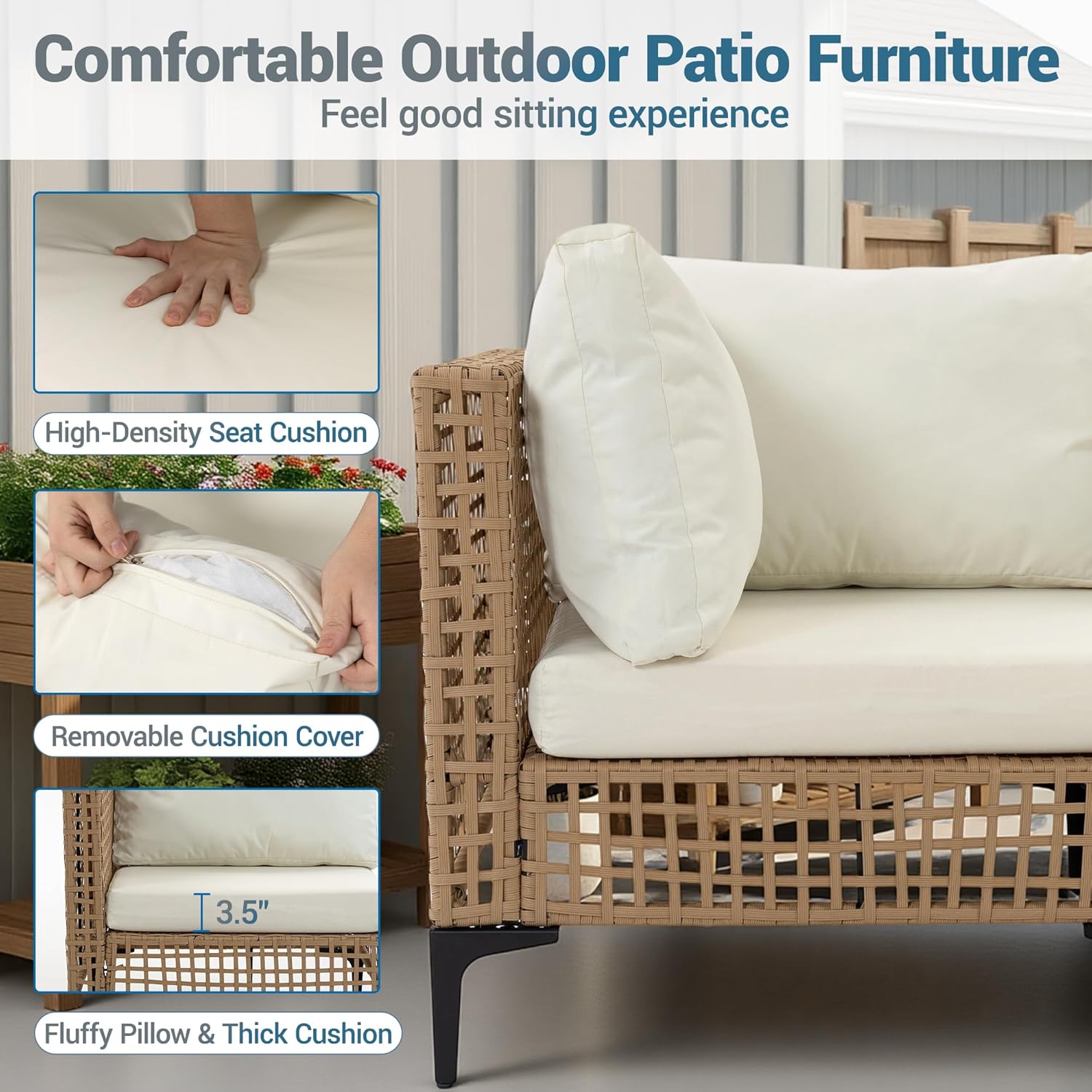 7-Piece Patio Furniture Set, All Weather Wicker Outdoor Sectional Conversation Sofa w/Thick Cushions & Glass Table for Lawn Poolside Backyard Porch, Beige