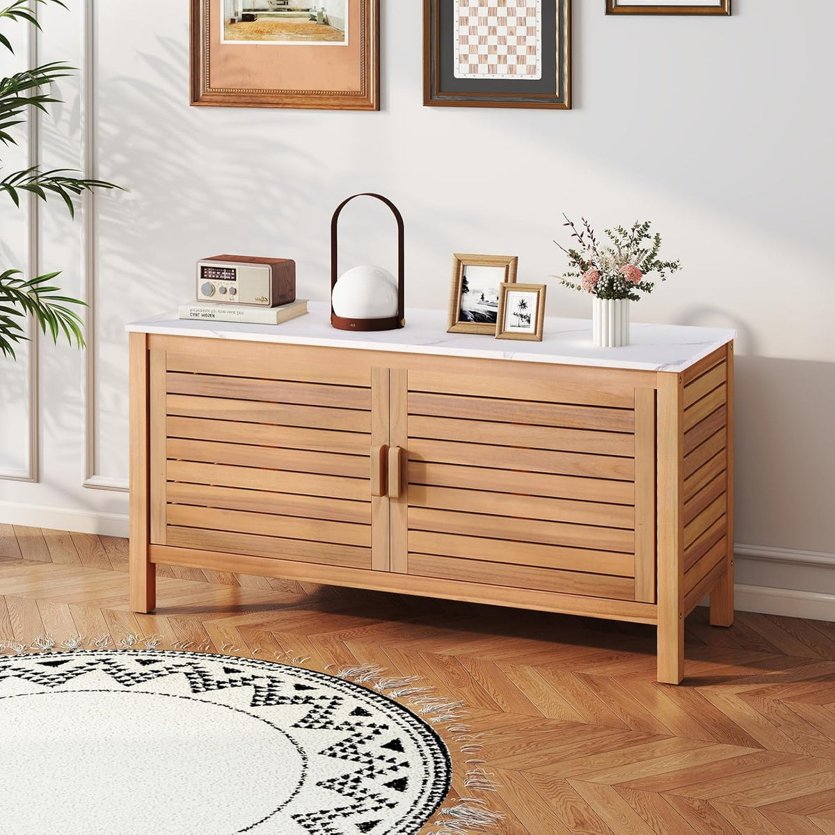 Goplus Patio Storage Cabinet, 2-Door Acacia Wood Console Table with Faux Marble Top, Outdoor Wooden Sideboard for Deck, Garden, Backyard & Entryway