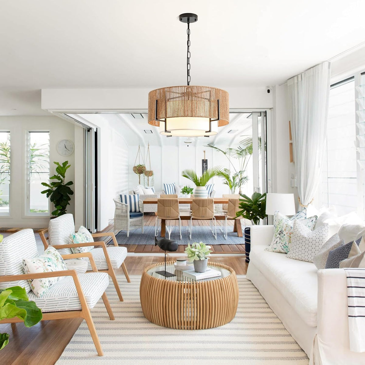 4-Light Rattan Chandelier, 19.7" Boho Pendant Light with Fabric Shade, Farmhouse Rattan Hanging Ceiling Light Fixture for Dining Room, Living Room, Kitchen Island, Bedroom, Hallway, Foyer