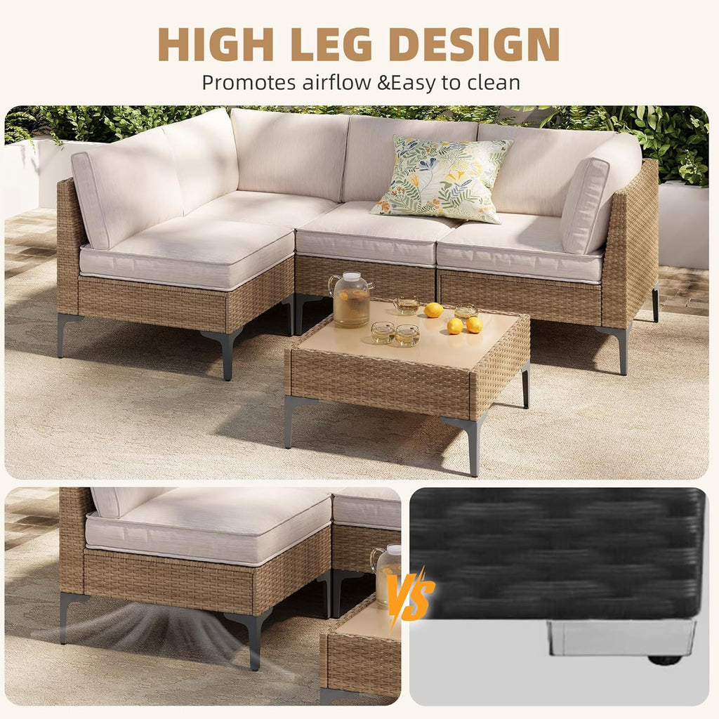 5-Piece Patio Furniture Set, Outdoor Wicker Sectional Sofa with Coffee Table, Anti-Slip & Thick All-Weather Cushions for Party, Garden, Backyard, Beige