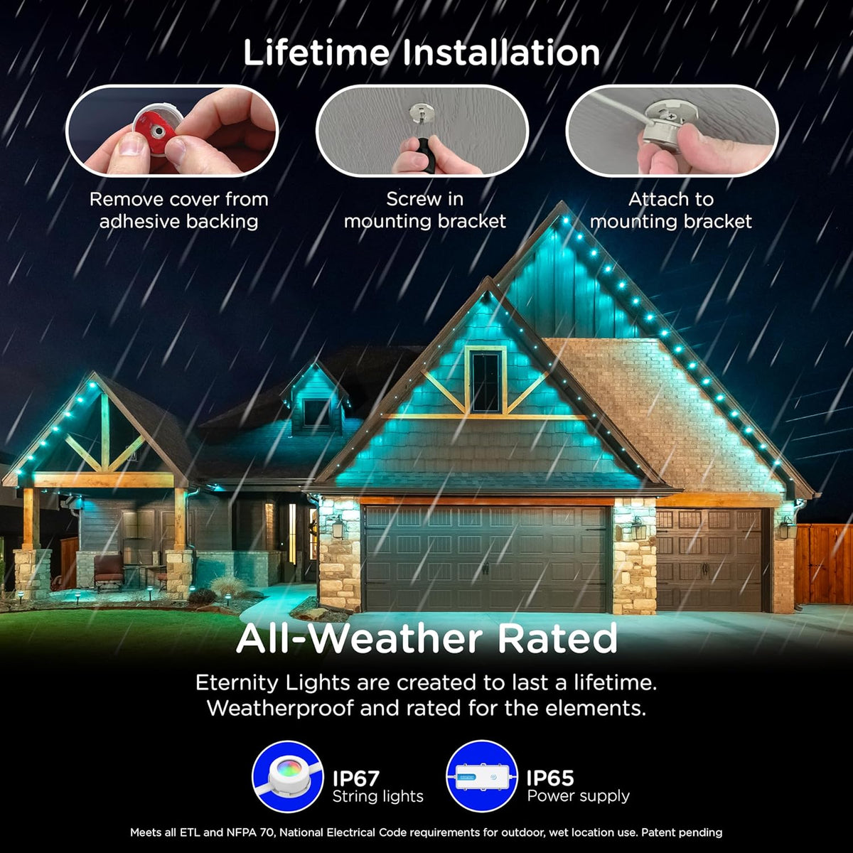 Enbrighten Eternity Permanent Outdoor Lights, 100ft with 72 RGBWIC LED Lights, App‑Controlled, Cuttable, Christmas, Accent & Year‑Round Eave Lighting, Works with Alexa & Google Home, 81103