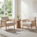 Mid Century Modern Accent Chair Set of 2, Rattan Armchair with Wood Legs Living Room Chair Linen Upholstered Lounge Chair for Bedroom Reading Room, Beige