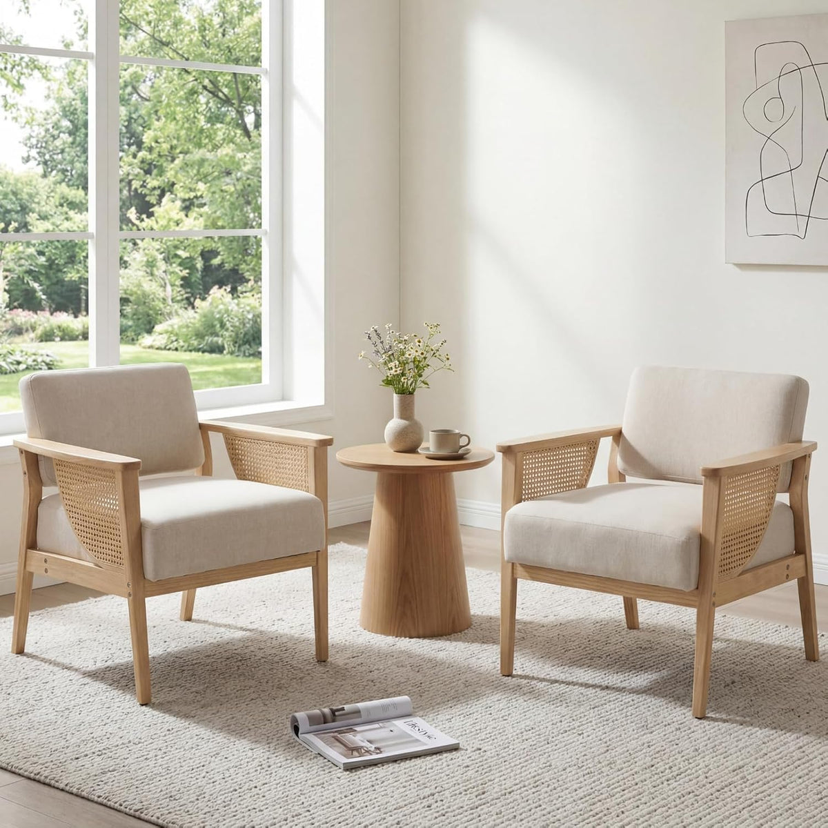 Mid Century Modern Accent Chair Set of 2, Rattan Armchair with Wood Legs Living Room Chair Linen Upholstered Lounge Chair for Bedroom Reading Room, Beige