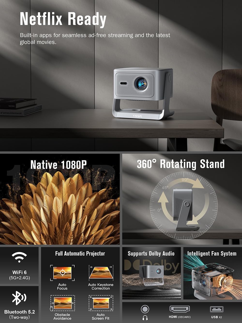 【Netflix Included & 2200ANSI】Smart 4K Projector with WiFi and Bluetooth, VISSPL 3D Dolby Audio and Auto Focus Portable Outdoor Projector, Movie Home Theater Projectors for Bedroom/Ceiling