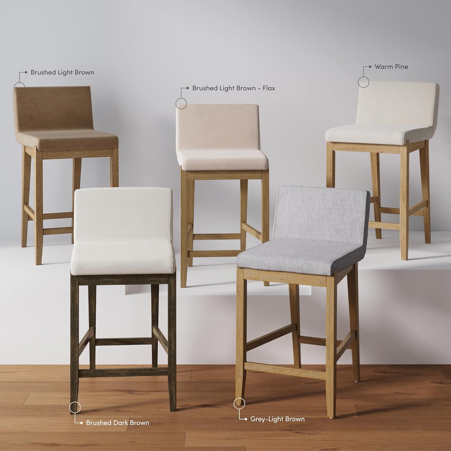 Nathan James Gracie Modern Counter Height Bar Stool with Back, Counter Stool Upholstered Chair with Natural Textured Linen and Brushed Wooden Legs, Cream Boucle/Dark Brown, Set of 4