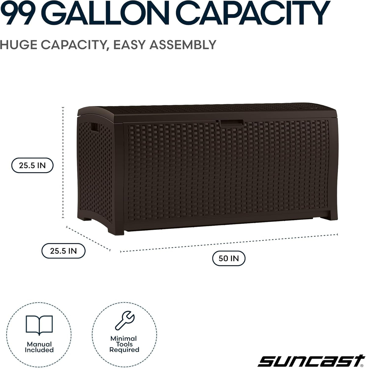 Suncast DBW9200 99 Gallon Outdoor Wicker resin Patio Storage Chest Bin with Handles for Patio, Garden, Garage, or Pool for All Weather, Mocha