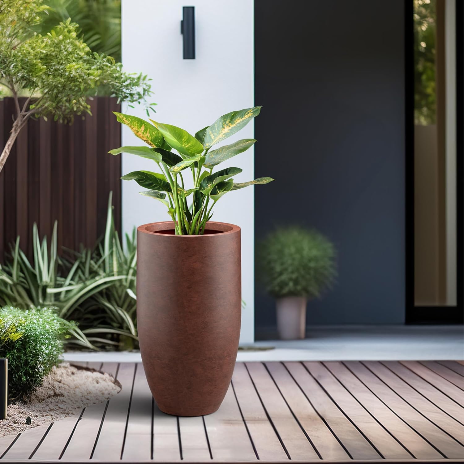 Kante 24 Inch Tall Round Concrete Planter, Large Indoor Outdoor Plant Pots with Drainage Hole and Rubber Plug, Modern Decorative Garden Pots for Home Patio Porch, Rusty