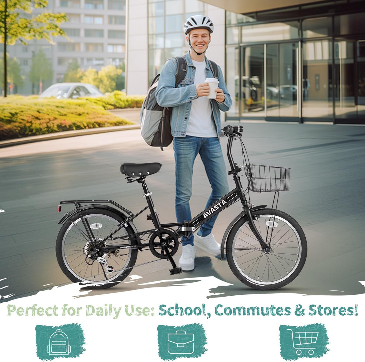 AVASTA Quartet 20 24 Inch Folding Bike with 7-Speed, Dual C-Brake, Fender, Rear Rack and Bicycle Basket, Mutiple Colors
