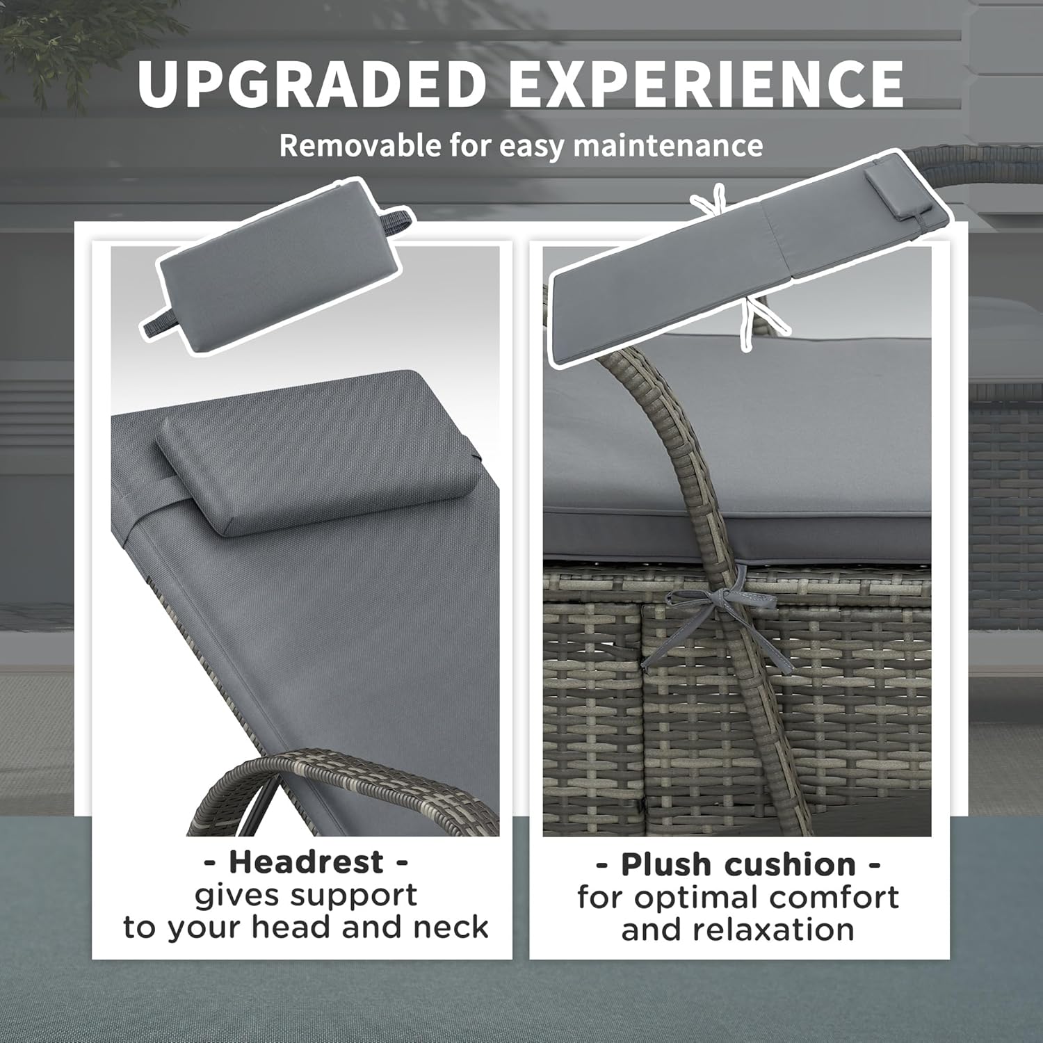 Outsunny Wicker Outdoor Chaise Lounge Set of 2, 5-Level Adjustable Backrest PE Rattan Pool Lounge Chair with Wheels, Cushion & Headrest, Mixed Gray and Gray