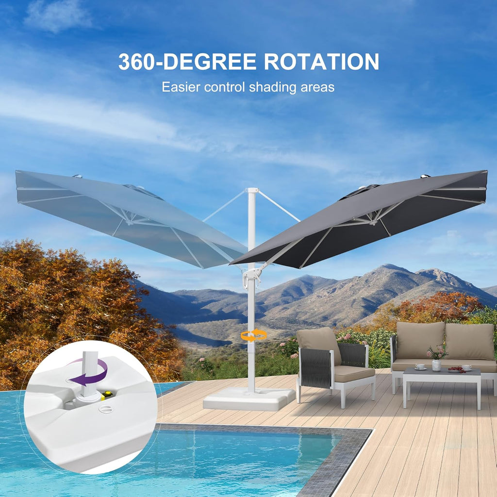 PURPLE LEAF 9 FT White Patio Umbrella With Base Cantilever Umbrella Outdoor Square Offset Umbrella Windproof with 360° Rotation for Deck Garden Pool, Light Grey