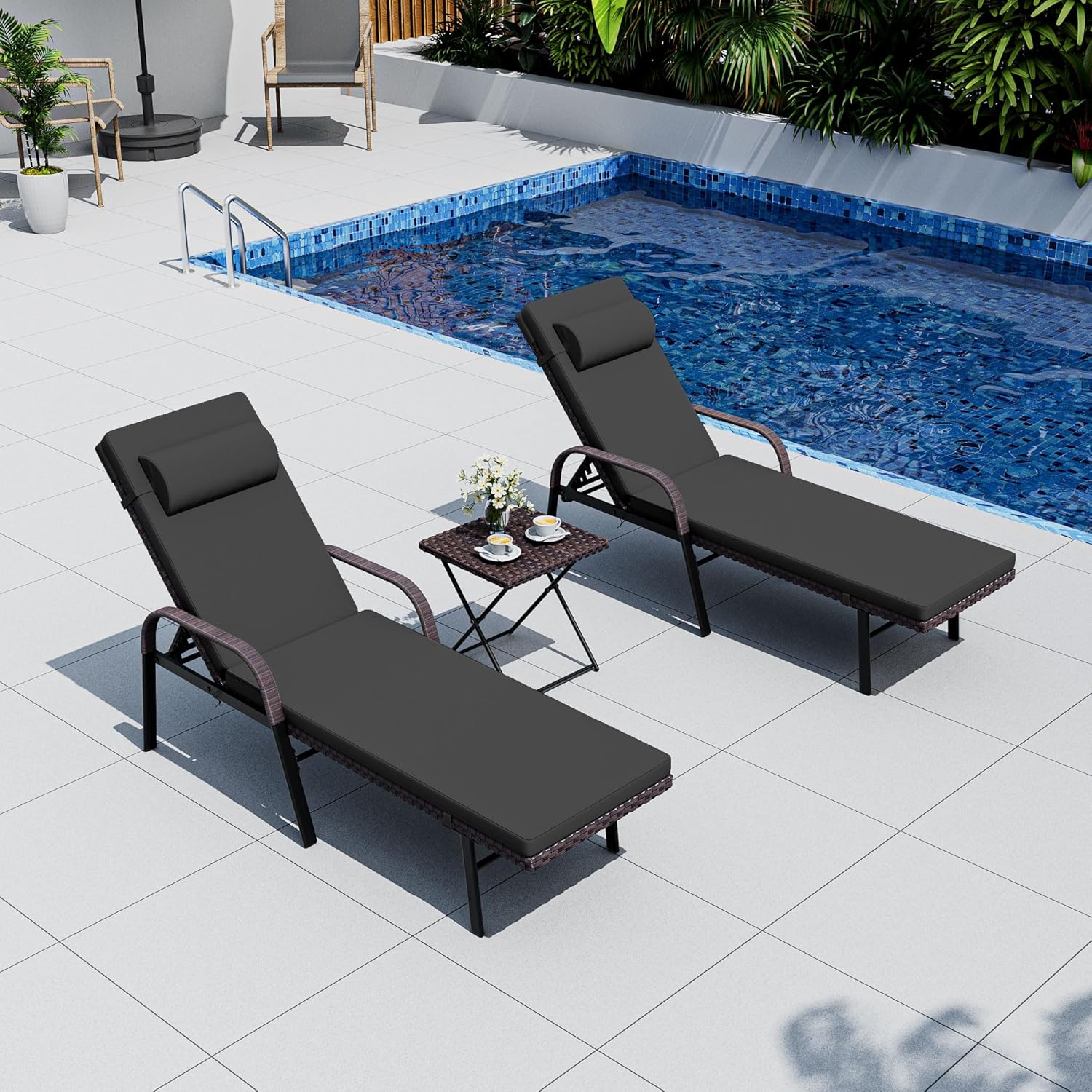 Patio Chaise Lounge Set 3 Pieces Outdoor Lounge Chair with Rattan Adjustable Backrest Armrest and Folding Table for Beach Patio,Sand, for Poolside Backyard Porch