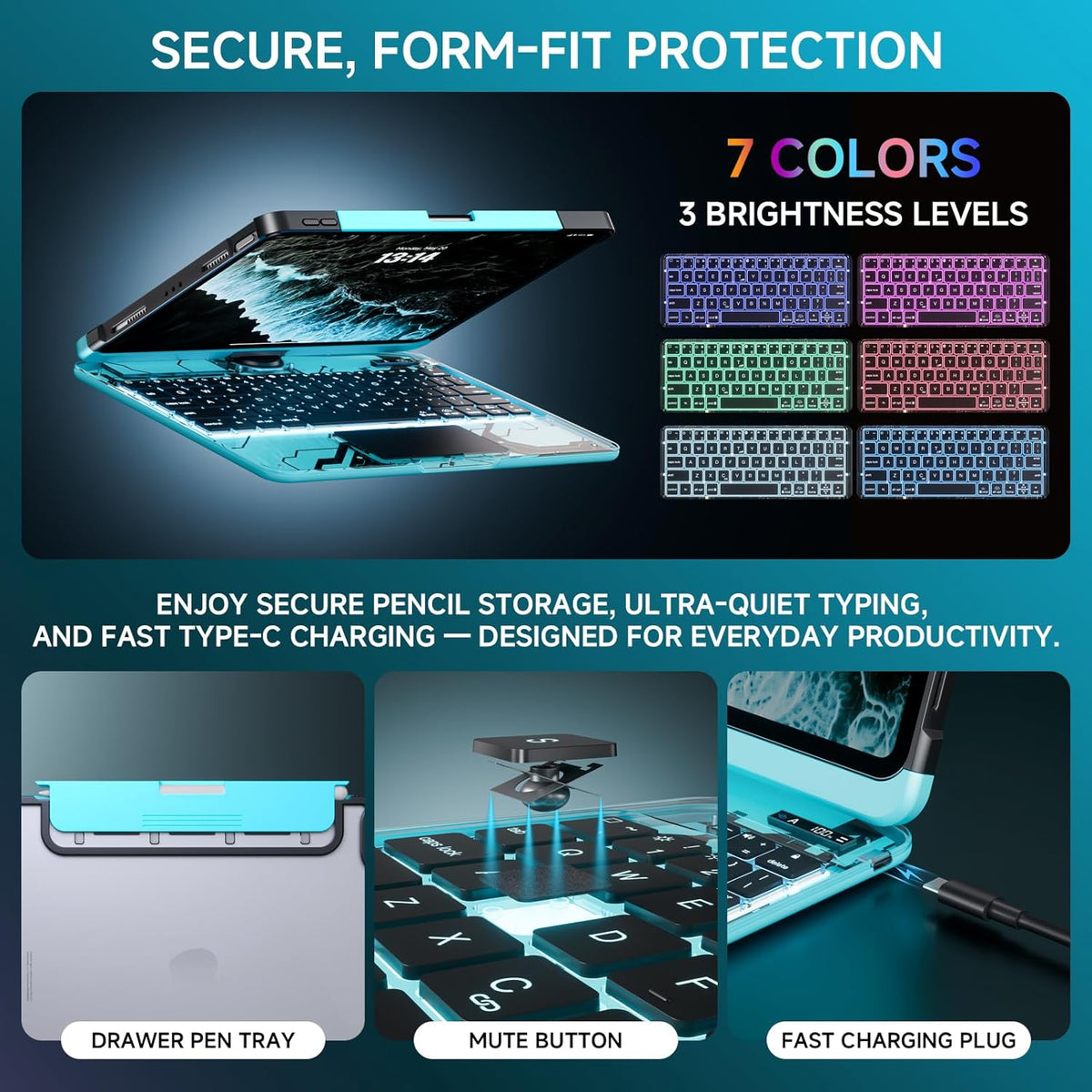 Transparent Case with Keyboard for iPad Pro 13 inch(M5/M4, 2025/2024), iPad Pro 13,7-Color Backlit,Magic Wireless Keyboard, 360°Rotating,Multi-Touch trackpad,Pencil Holder,with Shortcuts,Blue
