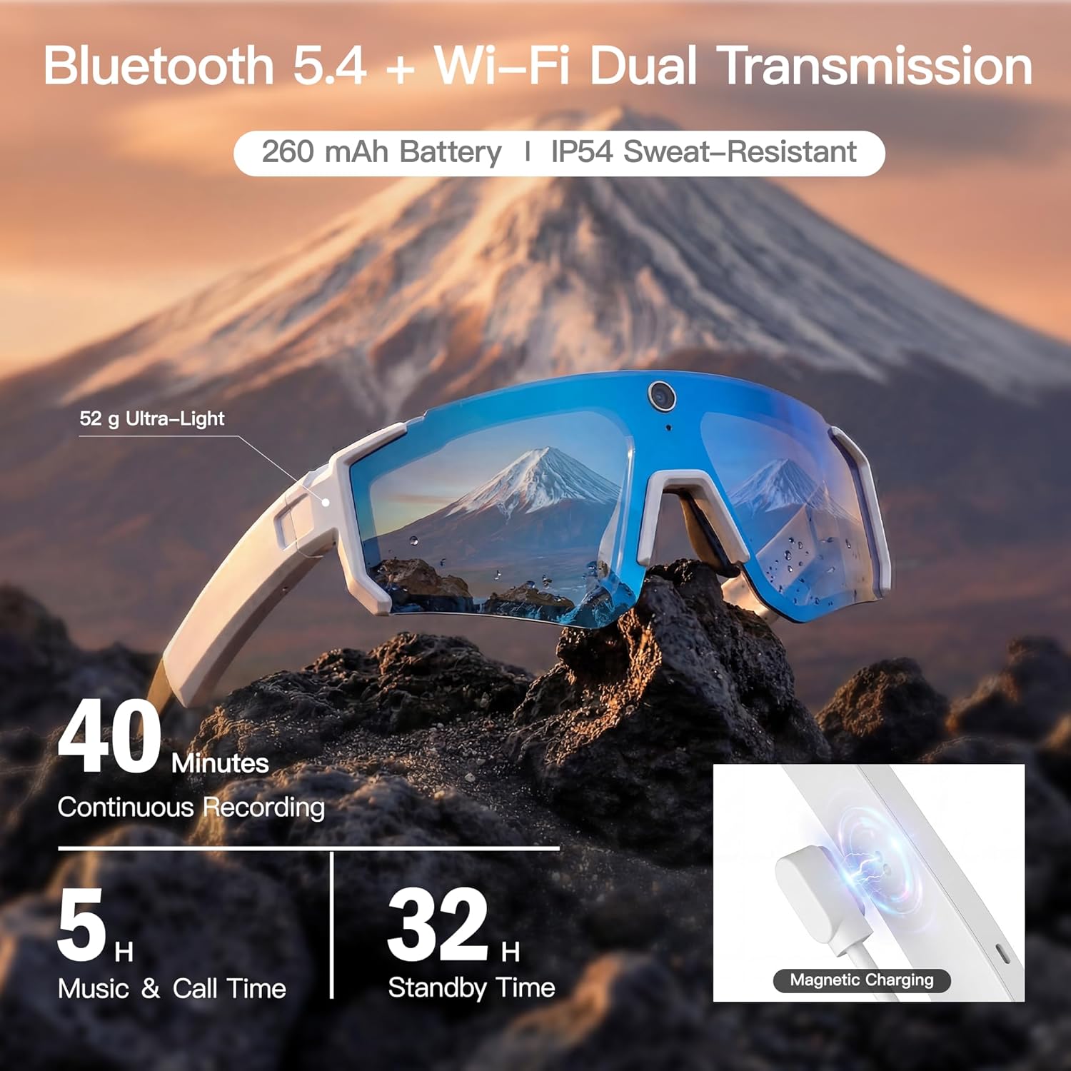 Sport AI Smart Glasses with Camera and EIS Stabilization, Bluetooth 8MP HD Camera 1200P Video Recording, AI Voice Assistant Photo Recognition, Real-Time Translation, Polarized Lenses Sunglasses
