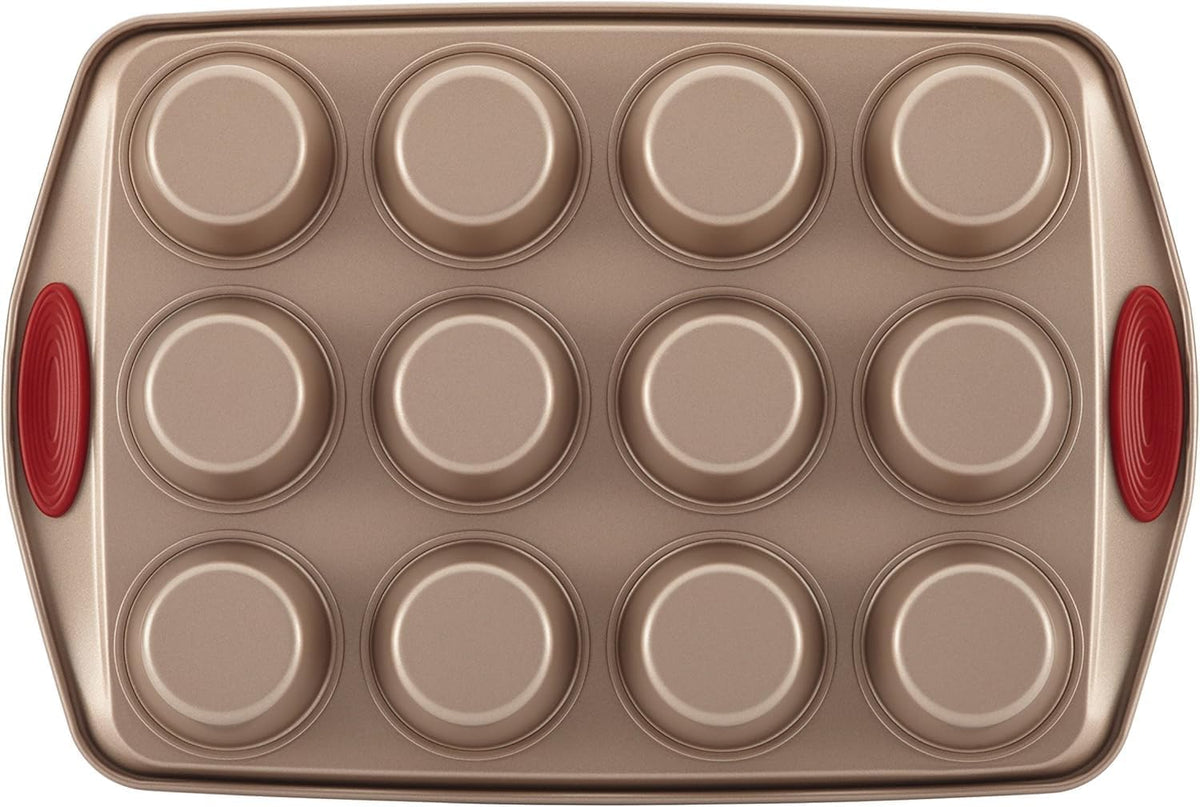 Rachael Ray Cucina Nonstick Bakeware Set Baking Cookie Sheets Cake Muffin Bread Pan, 10 Piece, Latte Brown with Cranberry Red Grips