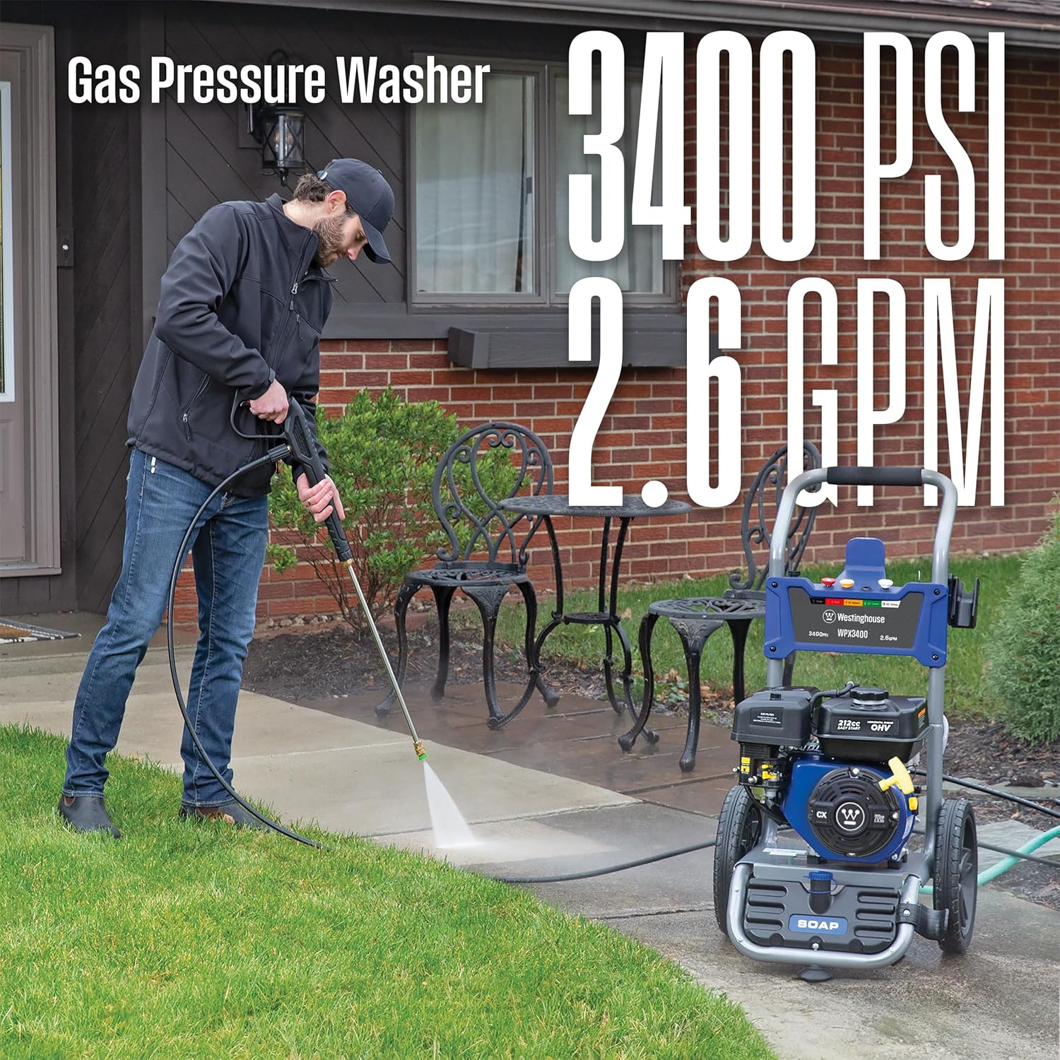 Westinghouse WPX3400 Gas Pressure Washer, 3400 PSI and 2.6 GPM, Onboard Soap Tank, Spray Gun and Wand, 5 Nozzle Set, for Cars/Fences/Driveways/Homes/Patios/Furniture