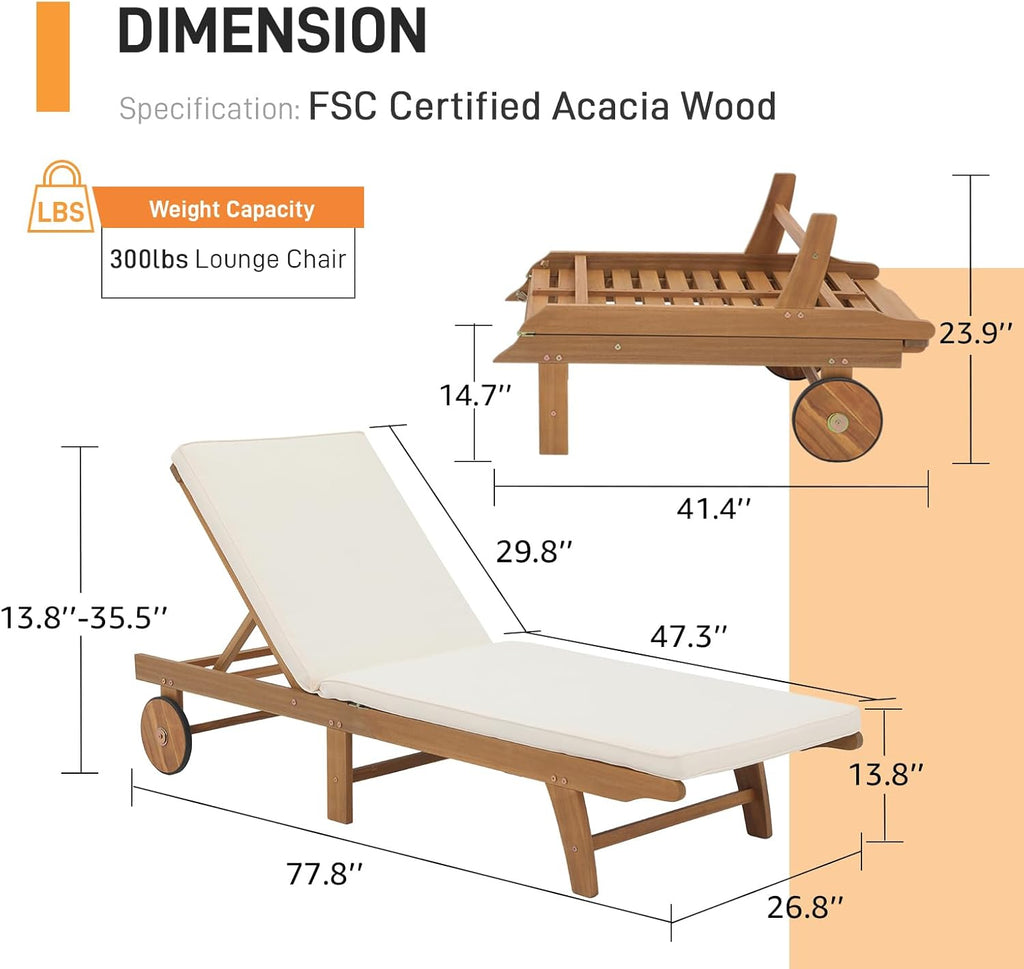 Patiorama Patio Acacia Wood Chaise Lounge Set of 2, Outdoor Folding Lounge Chair Recliner w/Adjustable Backrest, Wheels, Padded Cushion, Portable Sun Lounger Pool Chair for Deck, FSC Certified, Cream