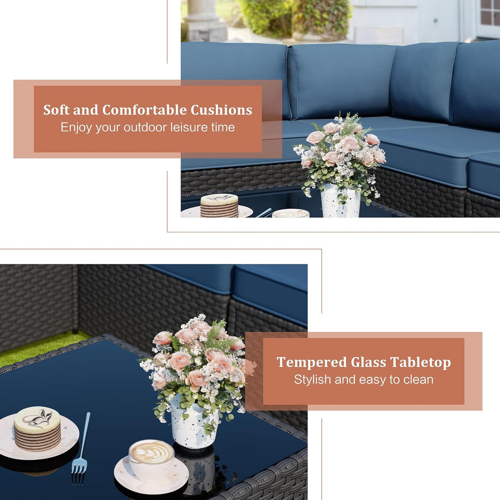 JAMFLY Patio Furniture Sets, 5-Piece Outdoor Patio Furniture with Thick Cushions, Wicker Outdoor Conversation Set Sectional Sofa for Backyard, Poolside, Garden, Aegean Blue