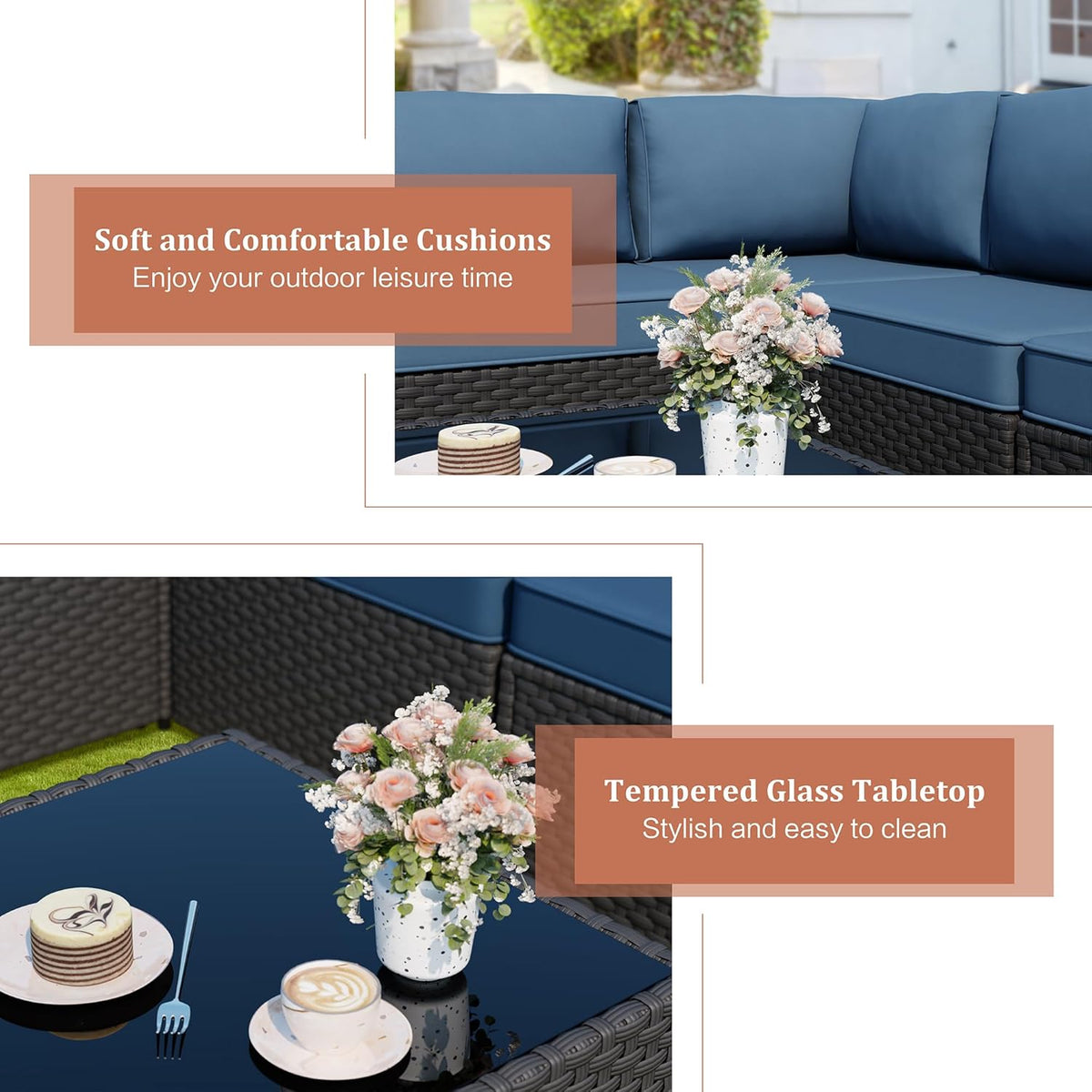 JAMFLY Patio Furniture Sets, 5-Piece Outdoor Patio Furniture with Thick Cushions, Wicker Outdoor Conversation Set Sectional Sofa for Backyard, Poolside, Garden, Aegean Blue