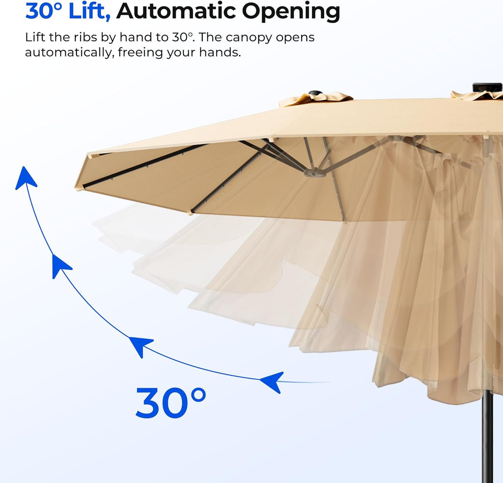 HOMSHADE 15FT Motorized Electric Large Patio Umbrella with Base and Solar Lights Outdoor, Double-Sided Rectangle Umbrella with Remote Control, 30° Auto-Open for Pool Deck Table Market Backyard, Beige