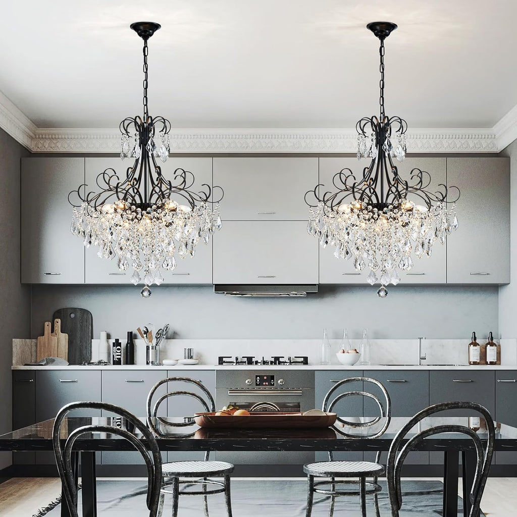 WUZUPS Crystal Chandelier 10-Light Pendant Ceiling Light Modern Lighting Fixture for Dining Room Hallway Bedroom Kitchen Bathroom, H 27.6" x W 22.8", E12 Base, Black