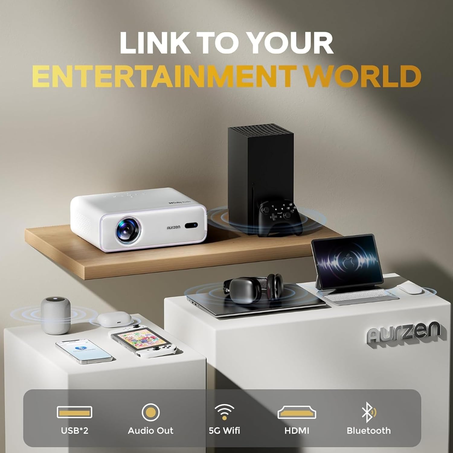 Aurzen EAZZE D1 Smart Projector with WiFi and Bluetooth, Built-in APP, Auto Focus/Keystone, DoIby Audio 16W Speakers, Native 1080P, HDR10, Portable Mini Outdoor Movie Projector