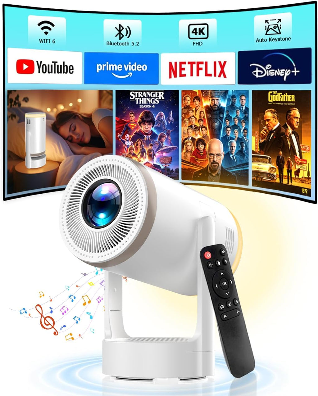 Built-in Apps 2-in-1 Portable Projector & LED Night Light, Smart Projector with WiFi and Bluetooth, Supports 4K/1080P, Electric Focus/Enhanced Speaker, Home Movie Projector for Bedroom