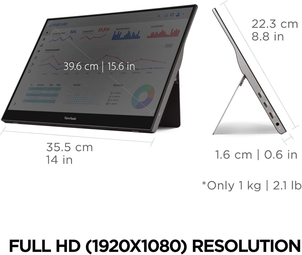ViewSonic TD1655 15.6" 1080p IPS Touch Portable Monitor, 2 Way 60W USB C, Dual Speakers, Built in Stand with Cover (Renewed)
