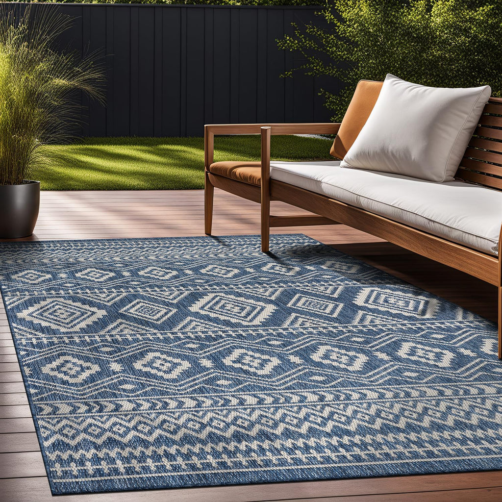 Beverly Rug Waikiki Boho Indoor Outdoor Rug 9x12, Washable Outside Carpet for Patio, Deck, Porch, Bohemian Area Rug, Farmhouse Rugs, Aztec Tribal Rug, Azure and White