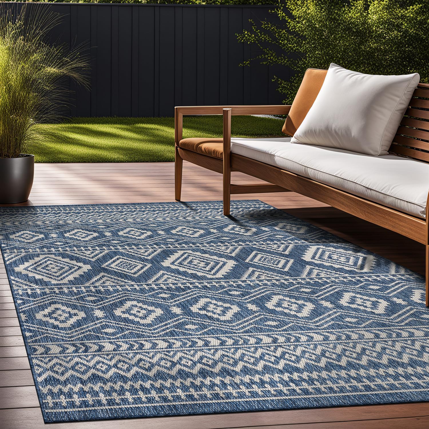 Beverly Rug Waikiki Boho Indoor Outdoor Rug 9x12, Washable Outside Carpet for Patio, Deck, Porch, Bohemian Area Rug, Farmhouse Rugs, Aztec Tribal Rug, Azure and White