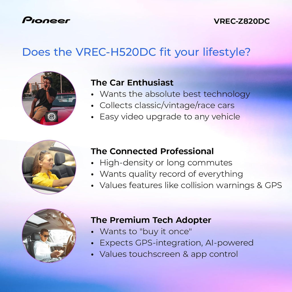 Pioneer VREC-Z820DC Dual Dash Cam Front and Rear Car Camera - Premium 4K Camera, AI-ISP Starvis Night Vision, 139 Degree Wide Lens, ADAS Safety Alerts, Built in GPS, Impact Detection, 24/7 Coverage