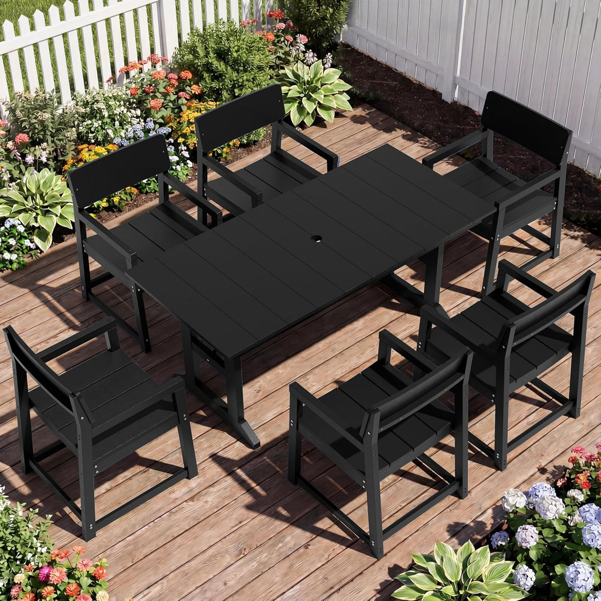 JAMFLY 7 Piece Outdoor Dining Set, All Weather Patio Table and Chairs for Backyard Garden Deck Lawn Pool, Sturdy All Weather Outdoor Furniture Set with Umbrella Hole, Black