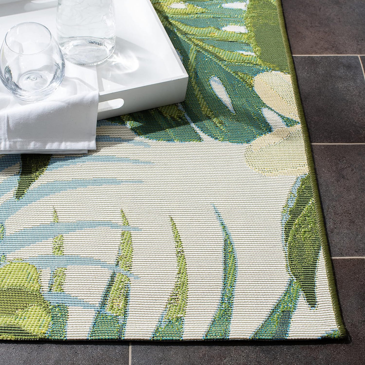 SAFAVIEH Washable Rug Outdoor Barbados Collection - 5'3" x 7'6", Green & Pink, Non-Shedding & Easy to Clean, Ideal for Patio, Backyard, Mudroom (BAR516X)