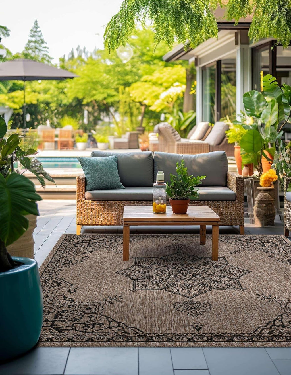 Unique Loom Outdoor Traditional Collection Area Rug - Antique (10' Square Beige/Black)