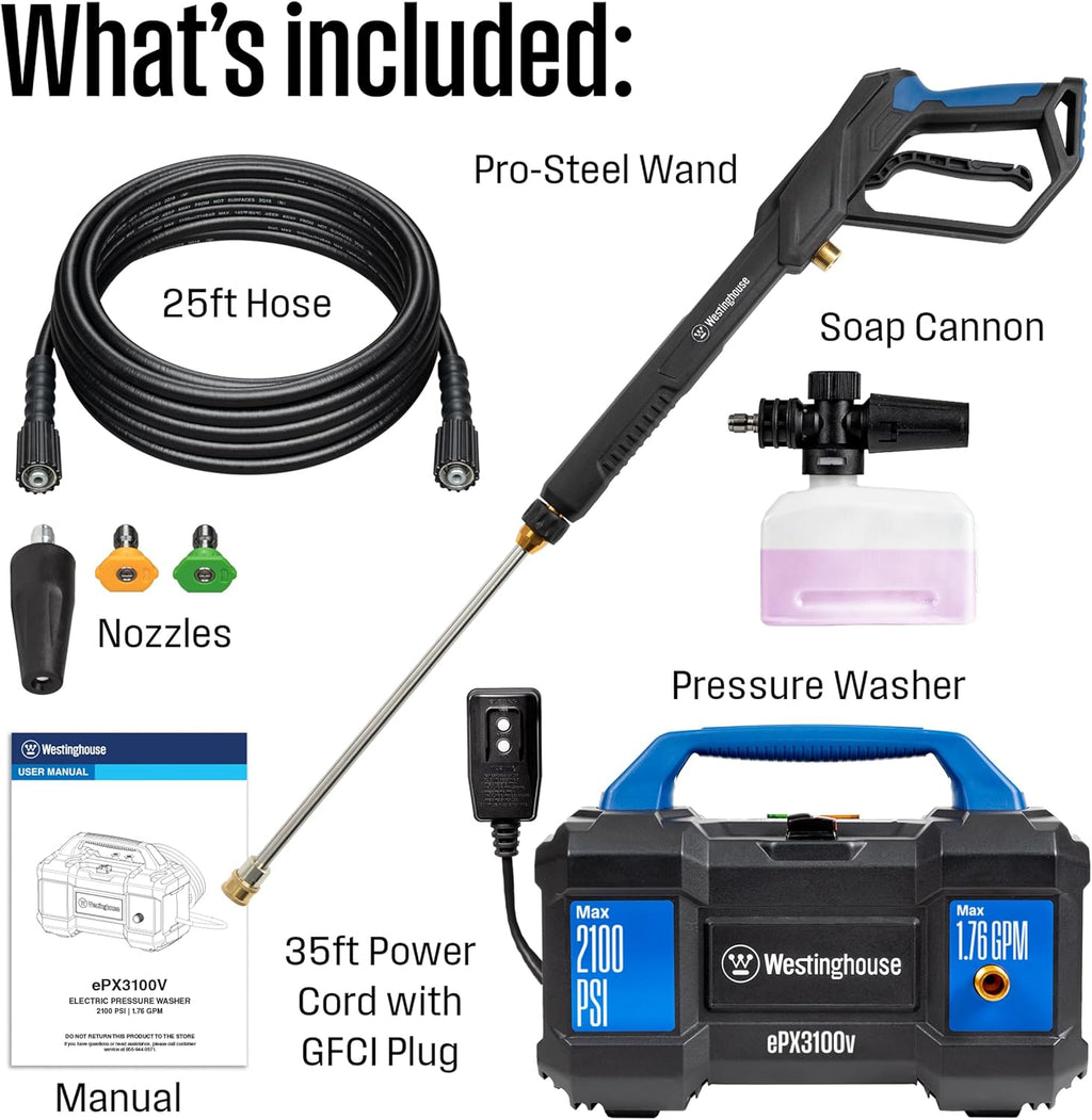 Westinghouse ePX3100v Electric Pressure Washer, 2100 Max PSI 1.76 Max GPM, Built-in Carry Handle, Detachable Foam Cannon, Pro-Style Steel Wand, 3-Nozzle Set, for Cars/Fences/Driveways/Home/Patios