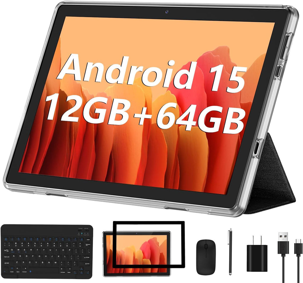 ECOPAD Android 15 Tablet, 10 Inch Tablets with Keyboard Mouse 12GB RAM + 64GB ROM +1TB Expand, 2 in 1 Tableta with WiFi 6 / Bluetooth/GMS Certified/IPS Touch Screen, Black Set