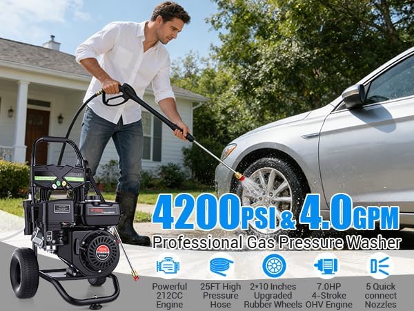 4200PSI Pressure Washer 4.0GPM Gas Power Washer 212CC Gas Powered Washing Machine Commercial High Pressure Washer with 25ft Hose&5 Nozzles for Patio Garden Yard (Dark Black with 25ft Hose)