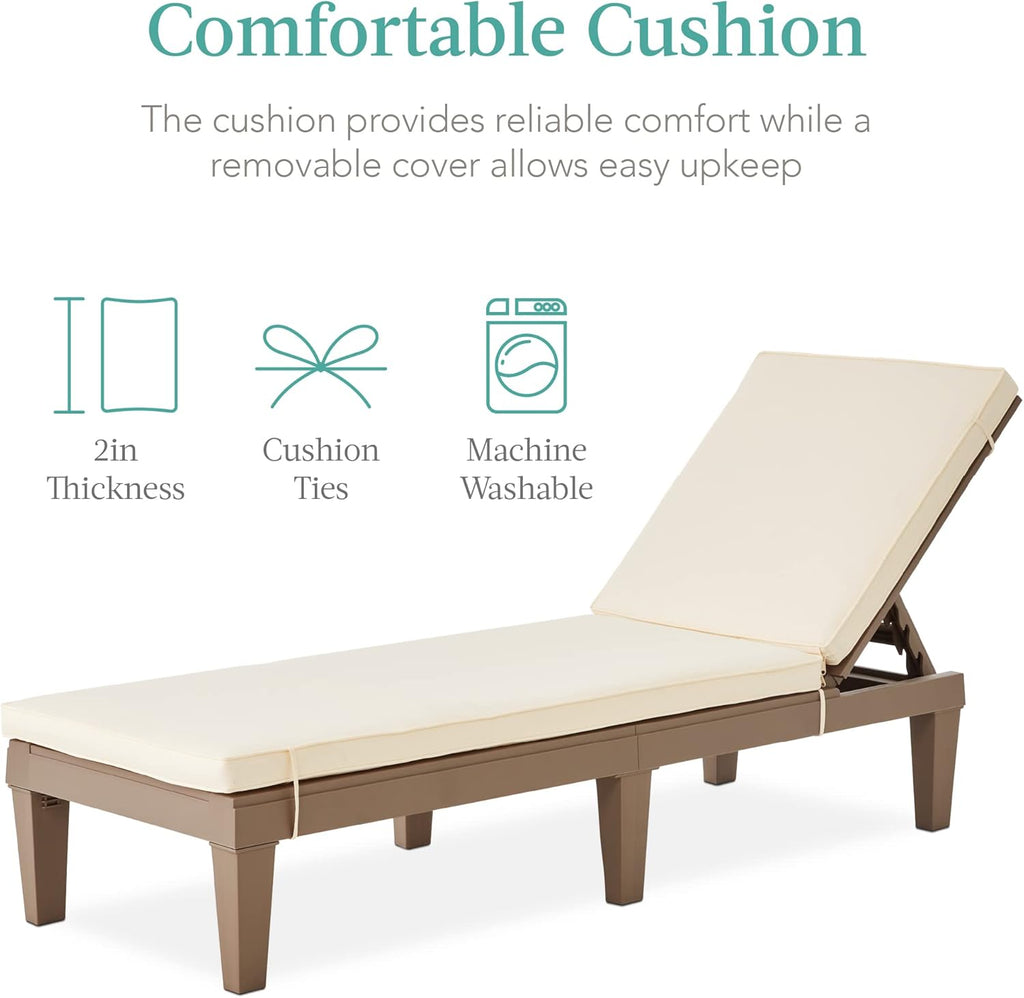 Best Choice Products Outdoor Lounge Chair, Resin Patio Chaise Lounger for Poolside, Backyard, Porch w/Seat Cushion, Adjustable Backrest, 5 Positions, 330lb Capacity - Brown/Ivory