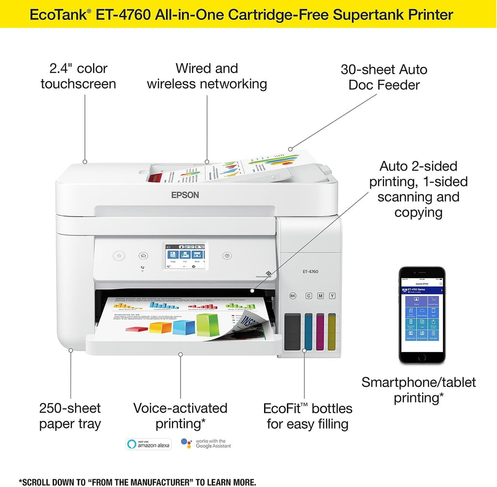 Epson EcoTank ET-4760 Wireless Color All-in-One Cartridge-Free Supertank Printer with Scanner, Copier, Fax, ADF and Ethernet - White