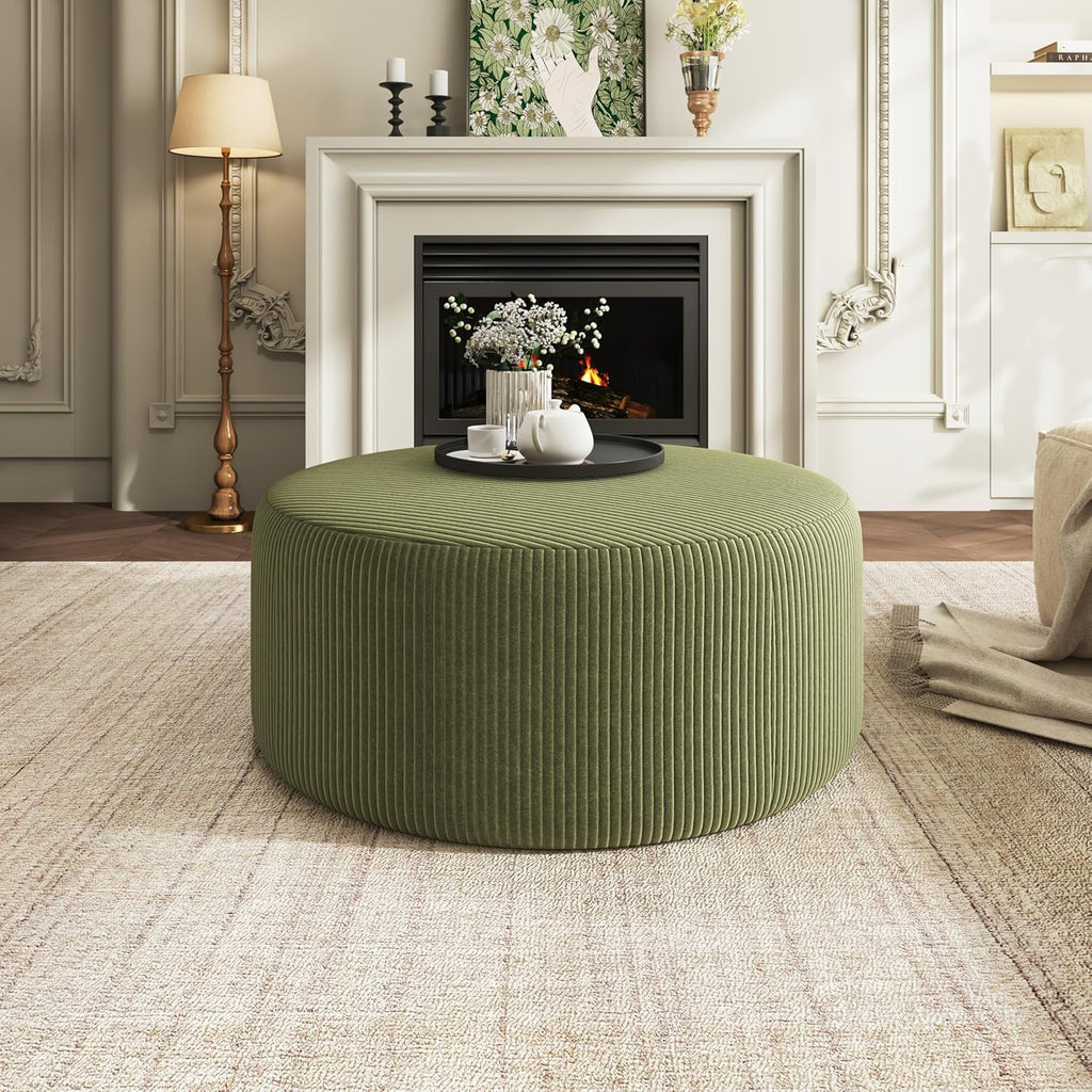 Christopher Knight Home GAVI Corduroy Ottoman Foot Stool, 30" Pouf Footstool Ottoman Seat, Upholstered Foot Chair, Round Footrest, Modern Side Table for Living Room Bedroom Home Decor, Olive Green