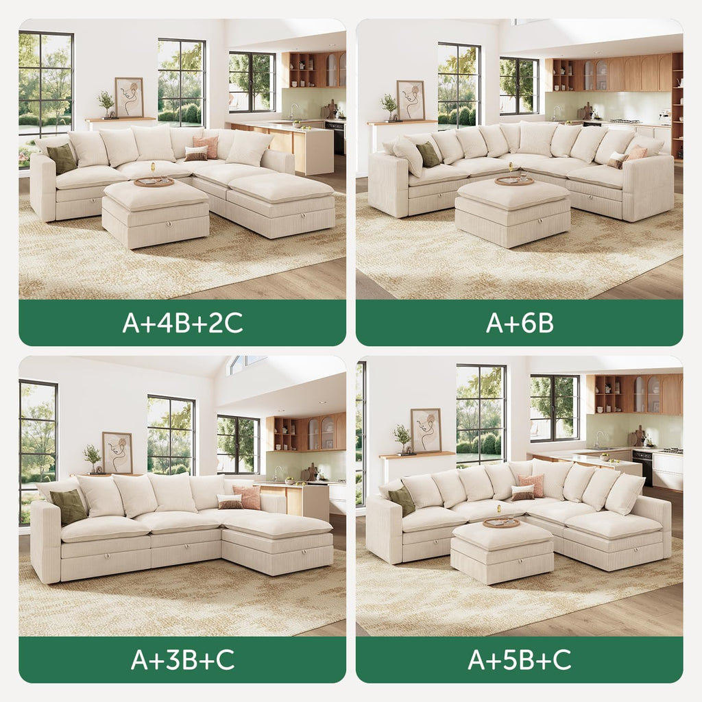 HONBAY Corduroy Ottoman, 31.5 Inch Square Ottoman Bench with Storage for Living Room, Beige
