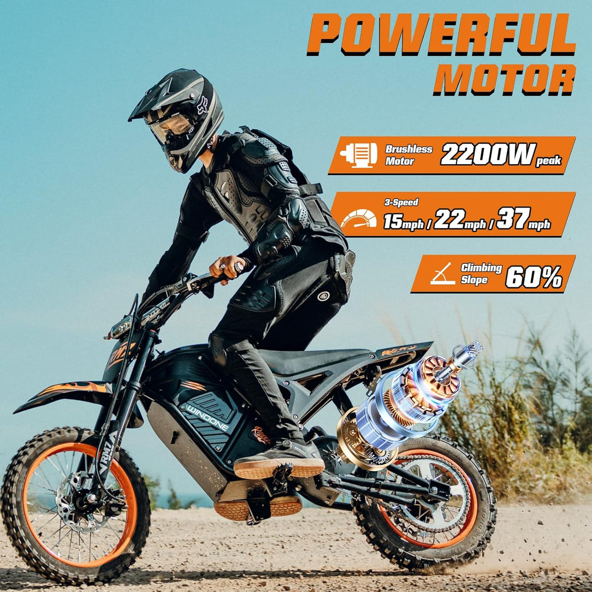 Windone RM7 Electric Dirt Bike for Teens & Adults, 48V 22.5Ah, 37MPH & 45-Mile Electric Motorcycle, 2200W Ebike, 14"/12" Off-Road Tire E-Bike, Dual Hydraulic Brakes, Full Suspension, Fit Age 13+