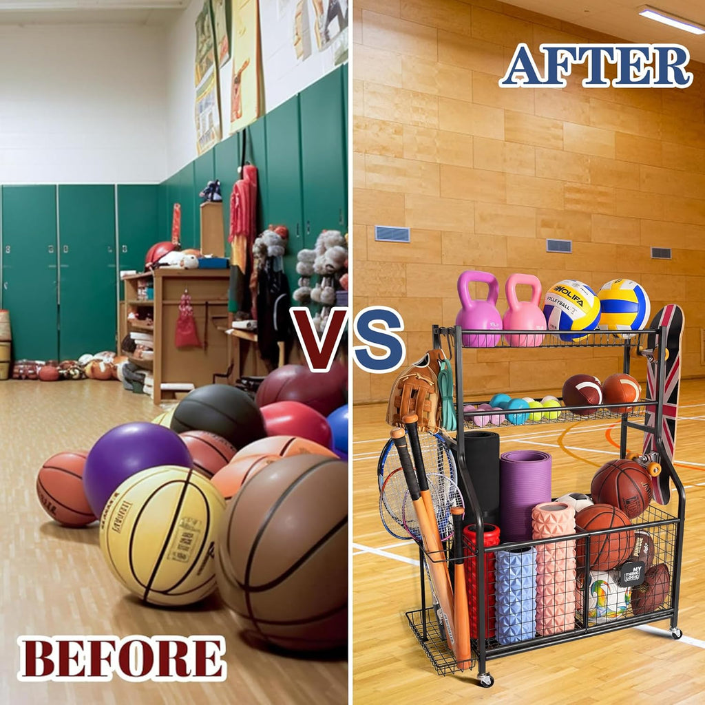 Mythinglogic Sports Equipment Garage Organizer,Garage Ball Storage for Sports Gear and Toys, Rolling Ball Cart with Wheels for Indoor/Outdoor Use